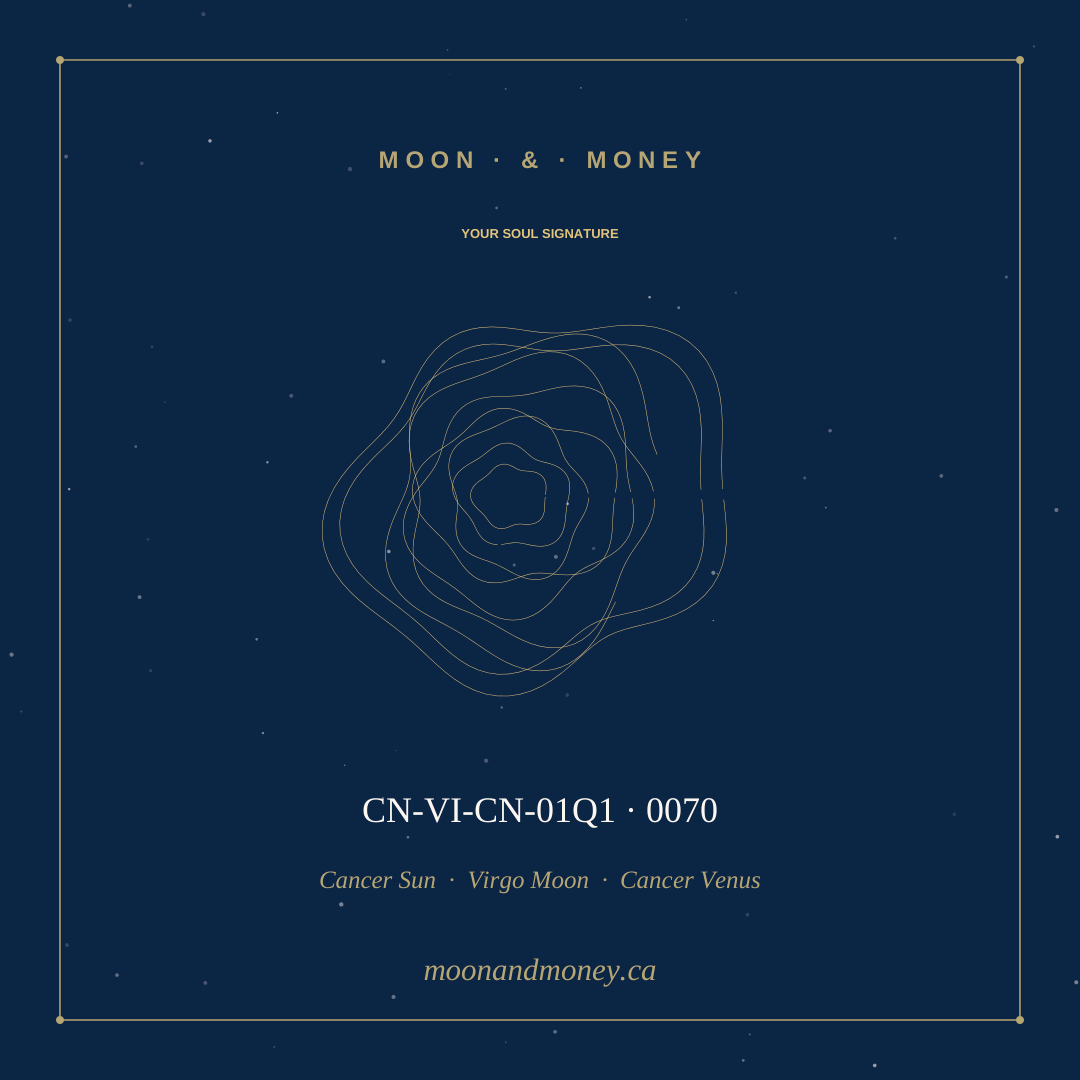 A Moon and Money soul signature: a gold sigil and code on a starlit navy card